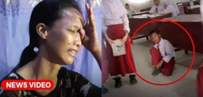 (Kiri) Kamelia saat menceritakan anaknya dihukum duduk di lantai sekolah karena nunggak SPP di Kota Medan dan (Kanan) Tangkap layar video viral anak SD duduk di lantai. 