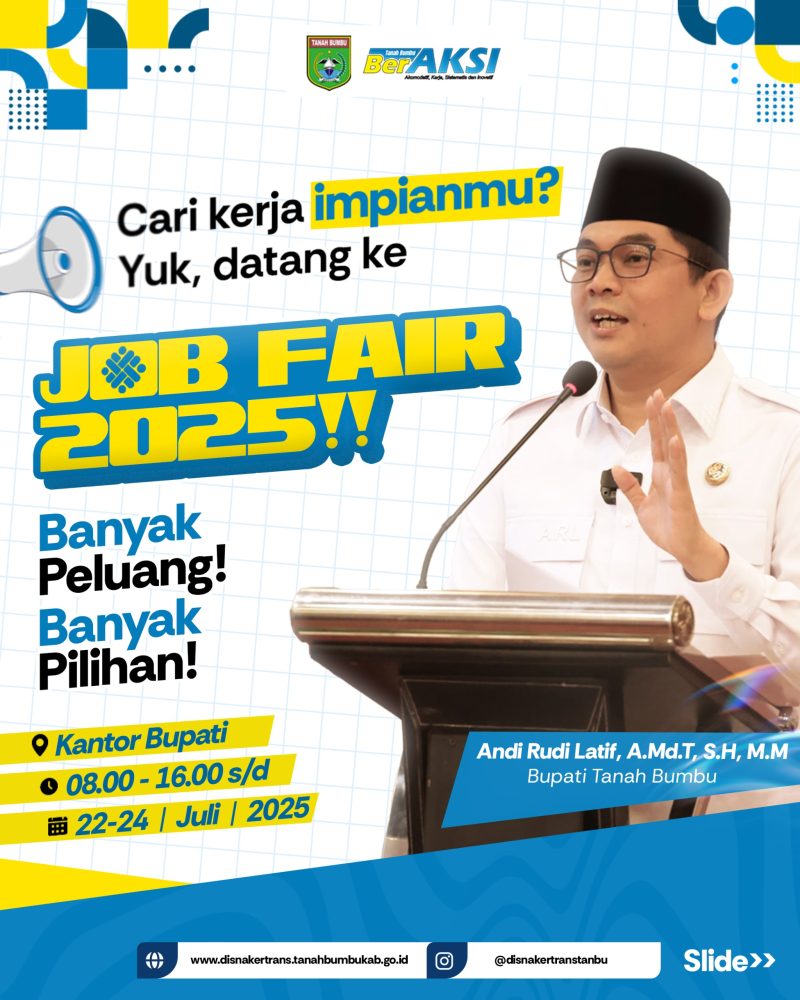 Pemkab Tanah Bumbu gelar Job Fair 2025 di halaman kantor bupati, 22–24 Juli 2025, sediakan 621 lowongan kerja dari 25 perusahaan.