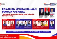 Poster resmi Pelatihan Kewirausahaan Pemuda Nasional 2025 bertema “Mencetak Wirausaha Digital yang Adaptif & Berdaya Saing”, kolaborasi Kemenpora RI dan DPP FKP.