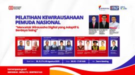 Poster resmi Pelatihan Kewirausahaan Pemuda Nasional 2025 bertema “Mencetak Wirausaha Digital yang Adaptif & Berdaya Saing”, kolaborasi Kemenpora RI dan DPP FKP.