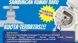 Poster resmi PT Air Minum Bersujud Tanah Bumbu tentang Promo Akhir Tahun 2025, menawarkan biaya sambungan rumah baru hanya Rp750 ribu dengan kuota terbatas hingga 15 November 2025.
