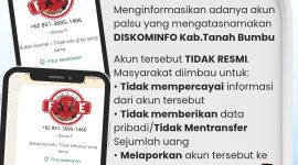 Poster resmi peringatan dari Diskominfo SP Kabupaten Tanah Bumbu terkait maraknya akun palsu yang mengatasnamakan instansi pemerintah, disertai contoh nomor dan percakapan yang digunakan pelaku untuk melakukan penipuan.