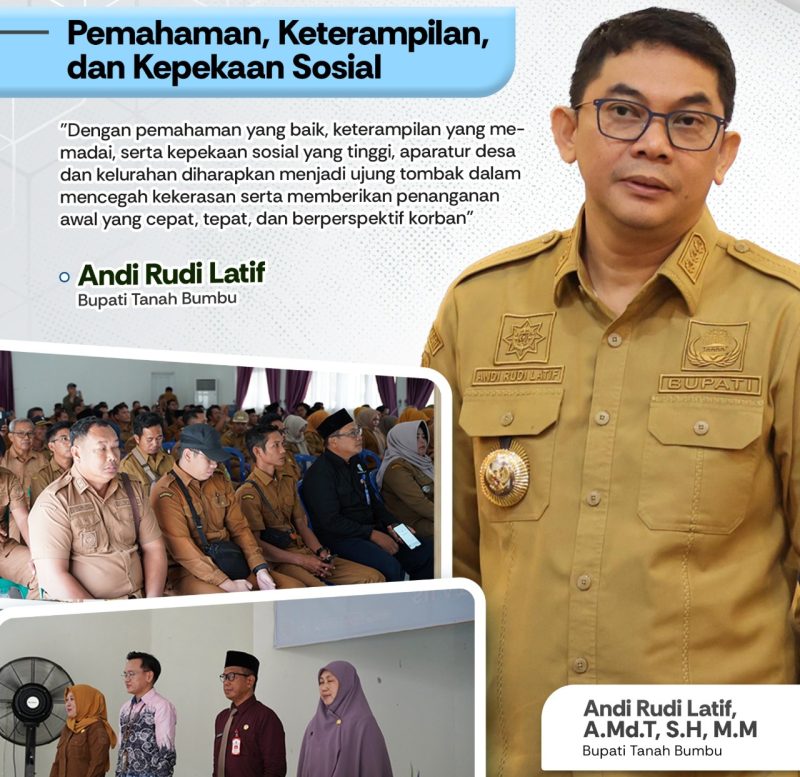 Bupati Tanah Bumbu, Andi Rudi Latif, menegaskan pentingnya pemahaman, keterampilan, dan kepekaan sosial bagi aparatur desa saat pelatihan pencegahan dan penanganan kekerasan terhadap perempuan dan anak di Simpang Empat, Senin (04/05/2026).