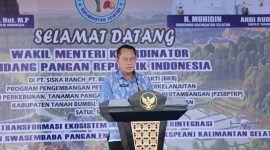 Asisten Bidang Perekonomian dan Pembangunan Kabupaten Tanah Bumbu, Eryanto Rais, menyampaikan sambutan mewakili Bupati Tanah Bumbu saat kunjungan Wakil Menteri Koordinator Bidang Pangan RI di kawasan pengembangan peternakan terintegrasi PT Buana Karya Bhakti, Kecamatan Satui, Selasa (16/06/2026).