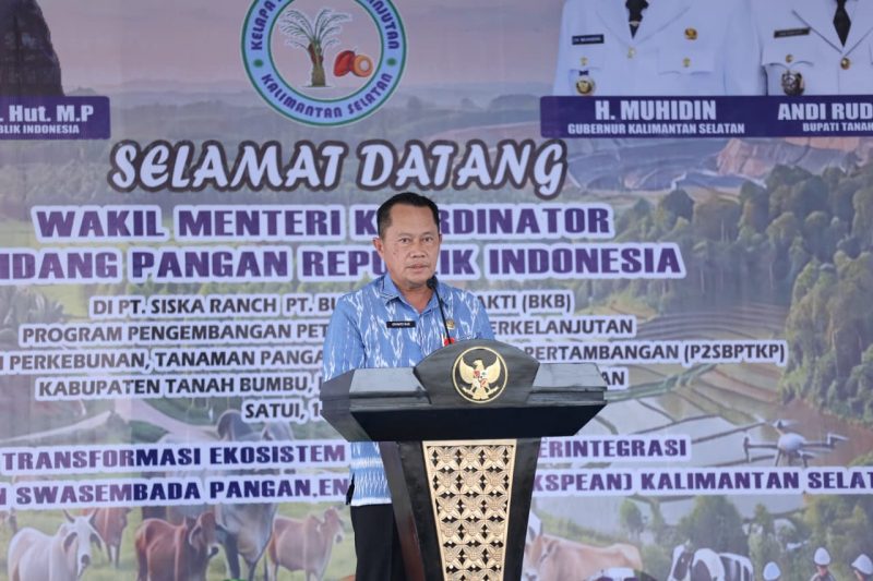 Asisten Bidang Perekonomian dan Pembangunan Kabupaten Tanah Bumbu, Eryanto Rais, menyampaikan sambutan mewakili Bupati Tanah Bumbu saat kunjungan Wakil Menteri Koordinator Bidang Pangan RI di kawasan pengembangan peternakan terintegrasi PT Buana Karya Bhakti, Kecamatan Satui, Selasa (16/06/2026).